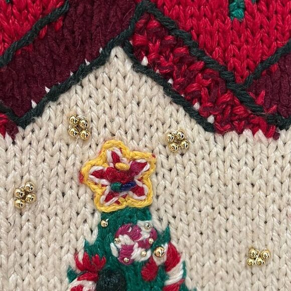 Vintage Adrian Delafield Christmas Tree Sweater Embellishments Gold beads Bulky - Picture 7 of 12